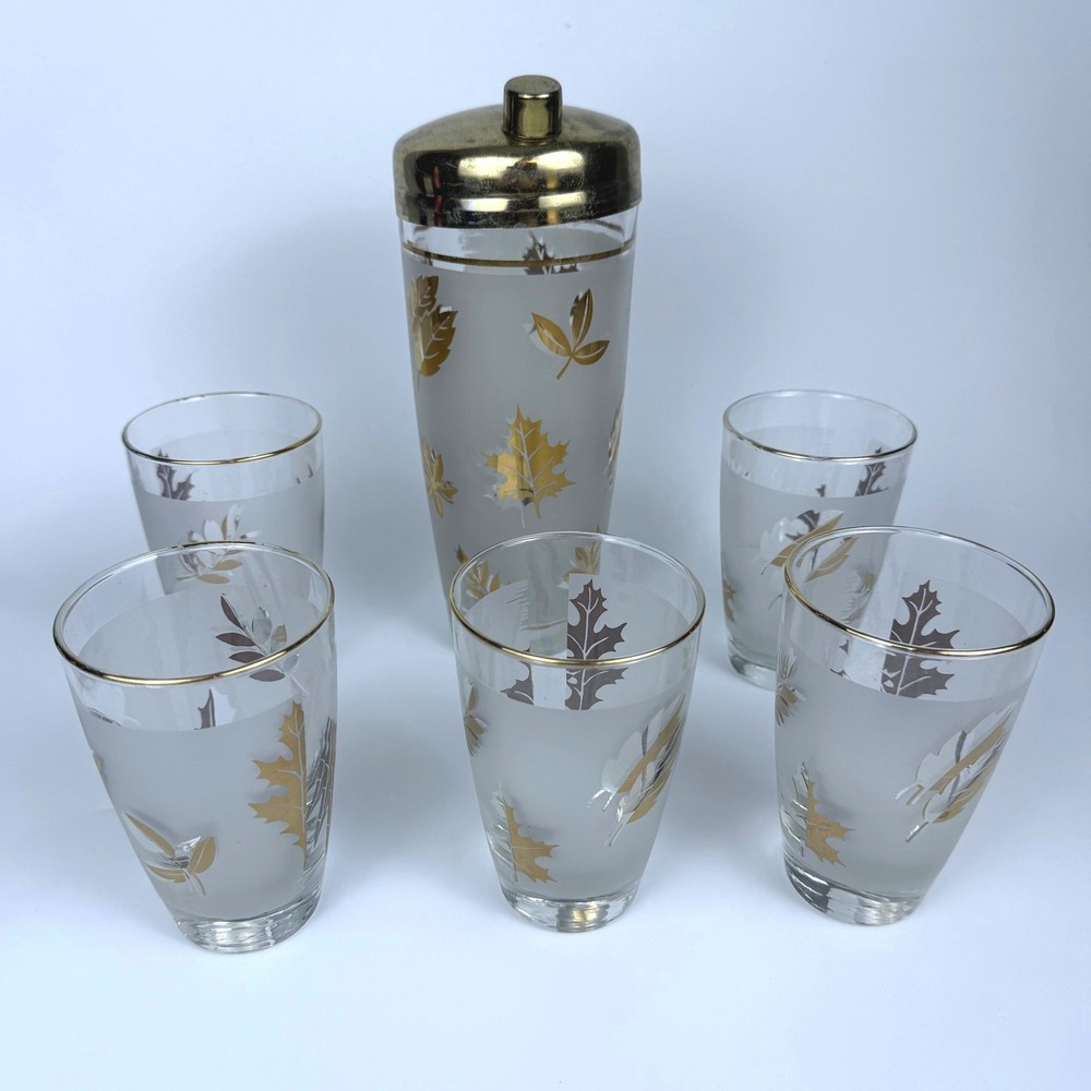 MCM Libbey Golden Foliage Cocktail Shaker Set 6pc Gold Leaf Frosted Glass Party